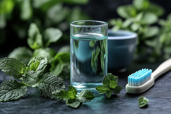 Mundspülung und Zahnbürste für die richtige Reinigung von Zahnimplantaten